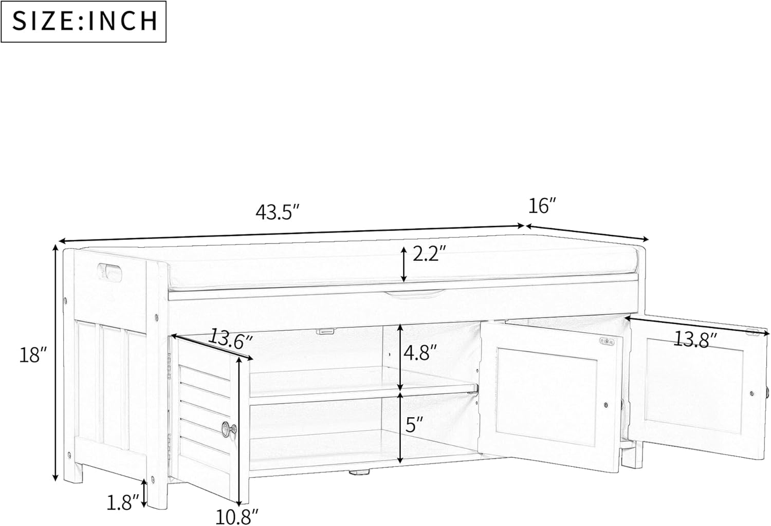 Storage Bench with 3 Shutter-Shaped Doors, Pine Wood Shoe Bench with Removable Cushion and Hidden Storage Space for Living Room, Entryway 43.5" L x 16" W x 18" H (White)