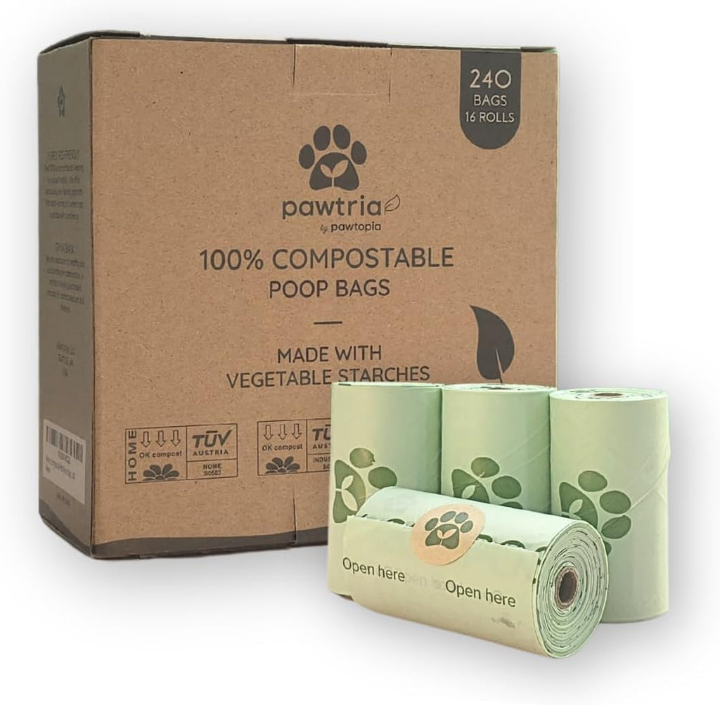 Pawtria Certified Home Compostable Dog Poop Bags (240), Biodegradable Poop Bags, Cat Litter, Vegetable Starches, Eco-friendly Dog Waste Bags, Leak proof, Easy to Open, Give Back