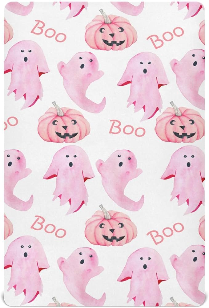 Halloween Ghosts Pink Crib Sheets Soft Breathable Fitted Baby Crib Sheets Mattress Cover for Girl Boys, 52" x 28" x 9"