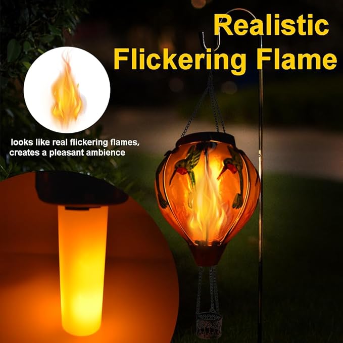 Hot Air Balloon Solar Lantern with Flickering Flame, Glass Hanging Garden Lights Outdoor Waterproof for Tree Yard Patio Mother's Day Gift, 18" H Hummingbird