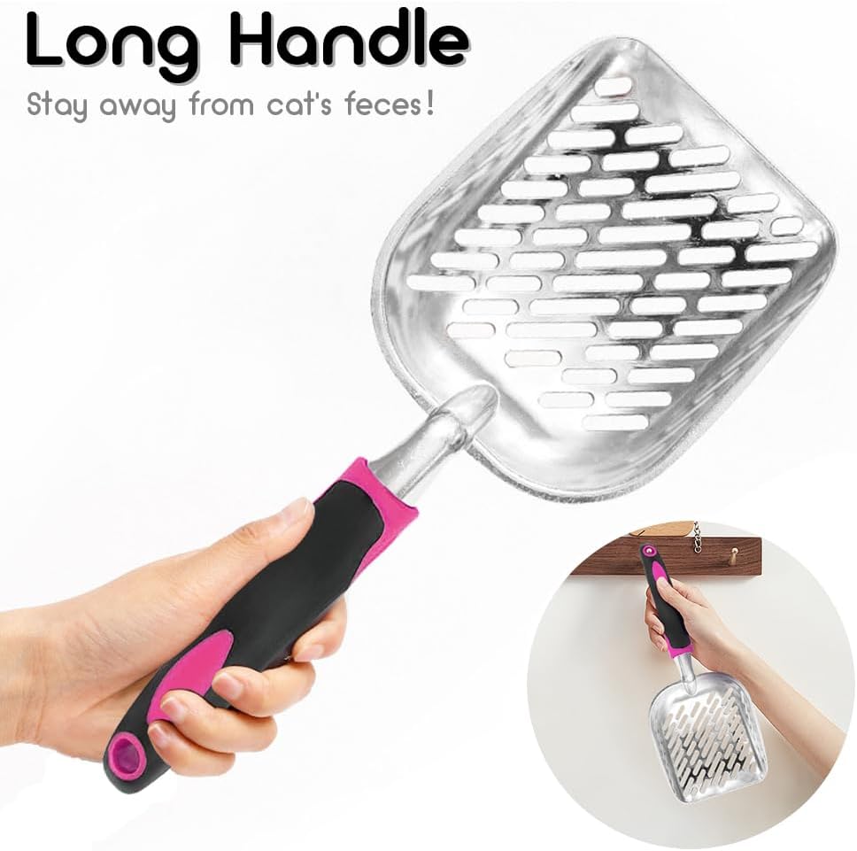 Cat Litter Scoop-Metal Cat Scooper-Long Handle Scoop,Cat Scooper-Poop Sifting-Mesh Shovel-Suitable for Cat Litter Box, (Rose Red)
