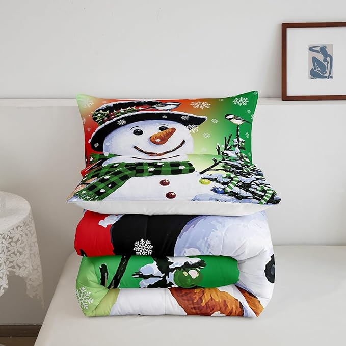 Feelyou Kids Christmas Theme Decorations Bedding Set Xmas Snowman Comforter Set for Boys Girls Snowflake Kawaii Cute Comforter Orange Red Green Quilt Set Bedroom Collection Full Size