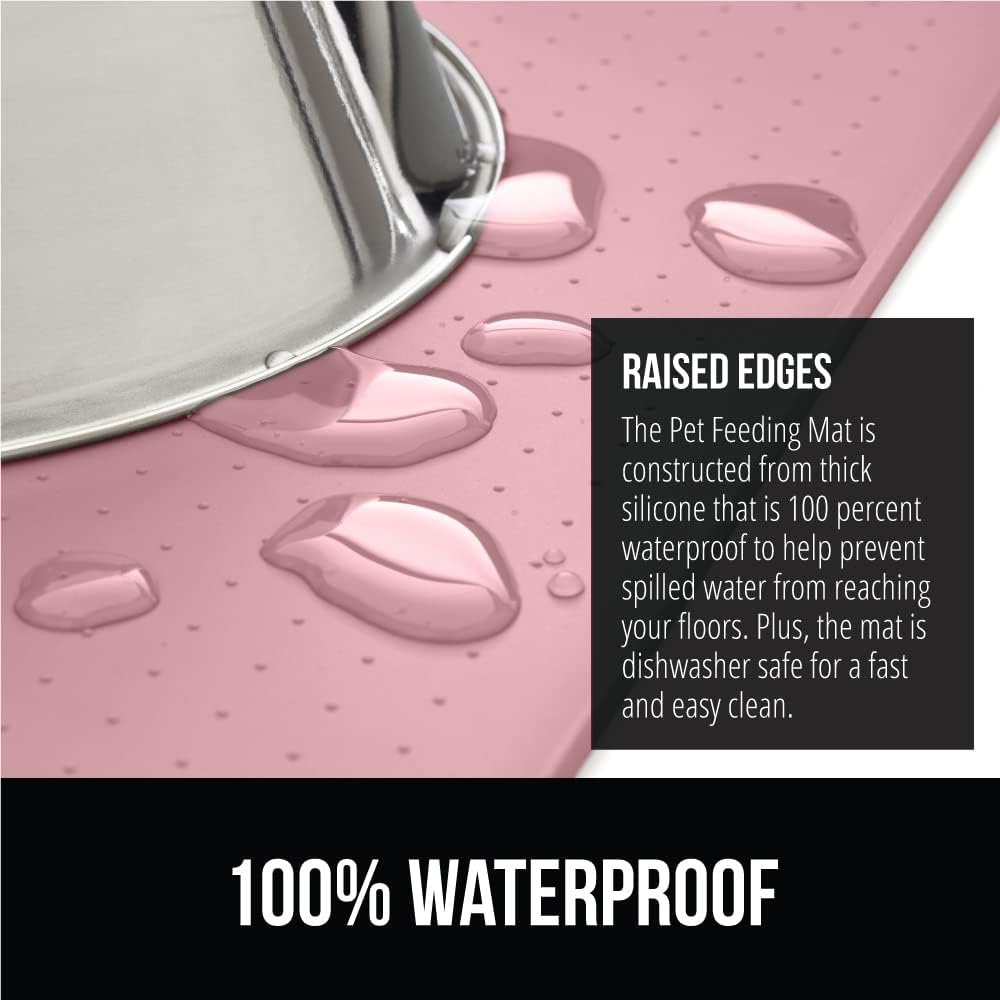 GORILLA GRIP 100% Waterproof Raised Edge BPA Free Silicone Pet Feeding Mat, Dog Cat Food Mats Contain Spills Protects Floors, Placemats for Cats and Dogs Water Bowl, Pets Accessories 18.5x11.5 Pink