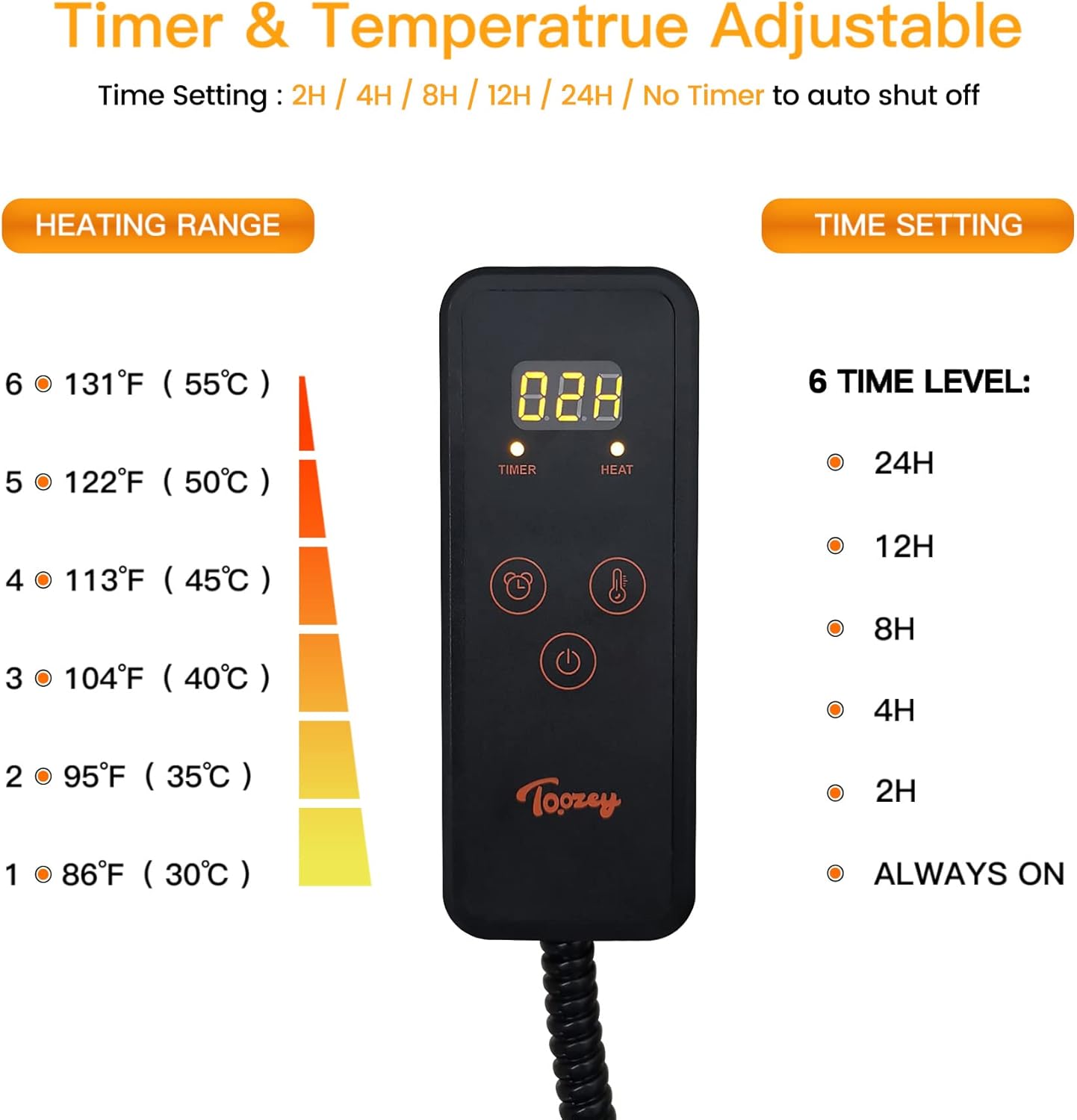 Toozey Large Pet Heating Pad, 6 Adjustable Temperature Dog Cat Heating Pad with Timer, Waterproof Heated Dog Bed with Chew Resistant Cord, Indoor Electric Pet Heated Mat 35x24in