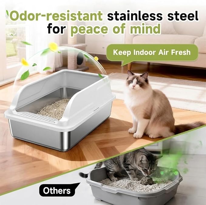 Stainless Steel Litter Box Metal High Sided Extra Large Cat Litterbox, - Image 4