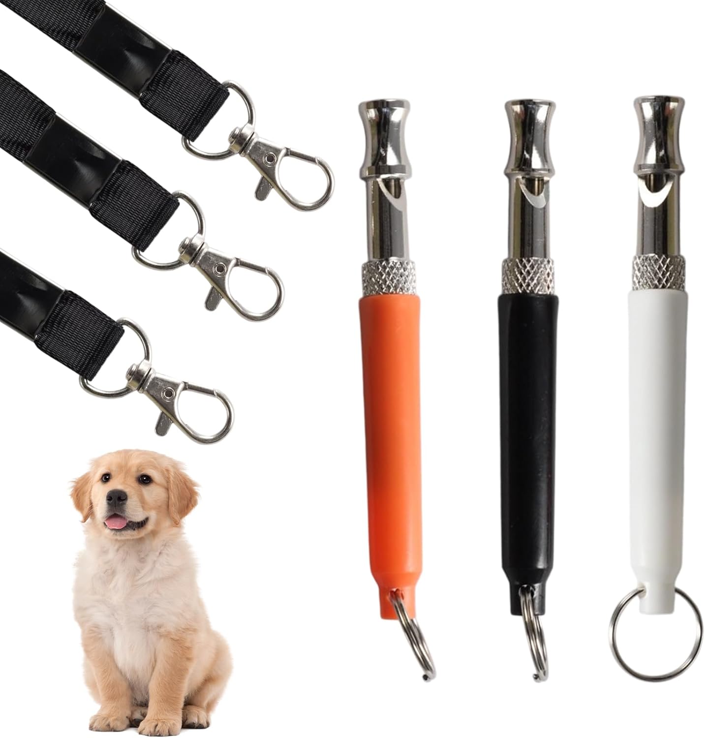 3 PCS Dog Whistle to Stop Barking Neighbors Dog, Adjustable Ultrasonic Wave Silent Dog Whistle, with Lanyard, Small and Portable, Suitable for All Dog Breeds (Black+White+Orange)