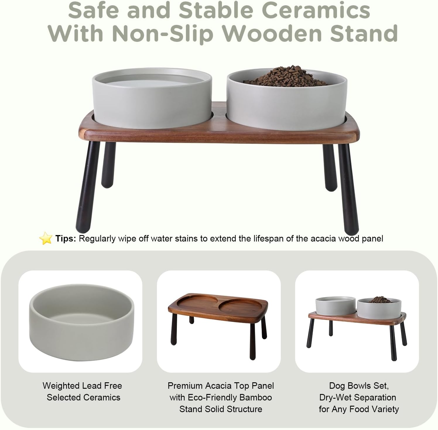 SPUNKYJUNKY Ceramic Elevated Dog Bowls Raised with Acacia Bamboo Wooden Stand, 8.3'' Dog Food Water Bowls Set Non-Slip for Medium Large Sized Breed Microwave Dishwasher Safe - 60 OZ,Grey