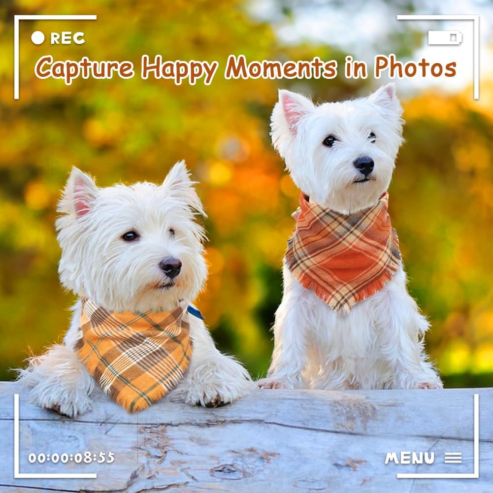 Vivifying Halloween Dog Bandana, 2 Pack Classic Plaid Fall Dog Scarf with Tassels Edges, Funny Pet Apparel & Accessories Costume for Thanksgiving Photo Prop, and Party Decor (Small, Yellow&Orange)