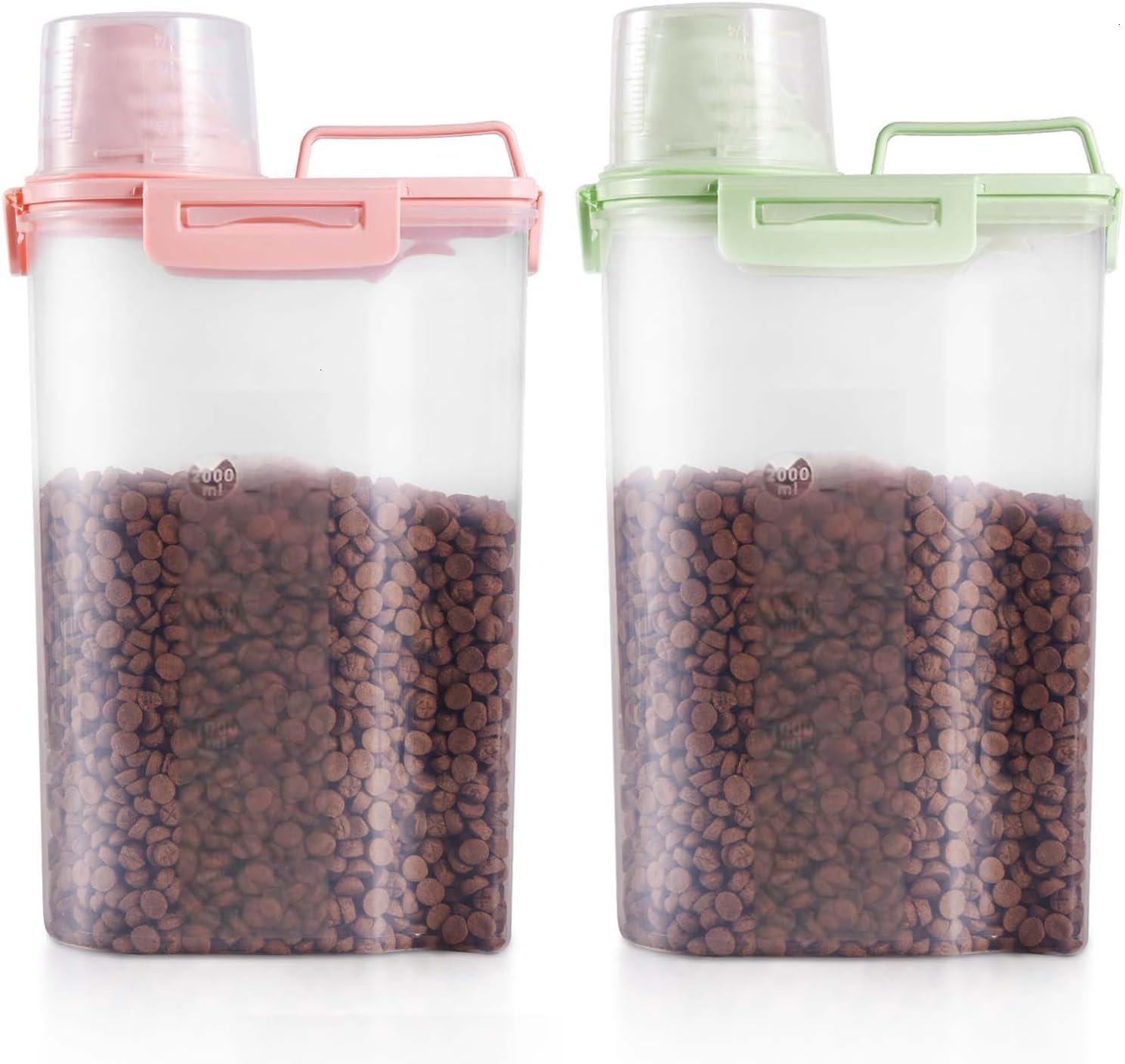 SenseYo 2 Pack 2.5lb Pet Food Storage Container with Measuring Cup, 3L Cat Food Storage Container Dog Food Storage BPA Free for Small Dog, Cat, Bird (Pink, Green)