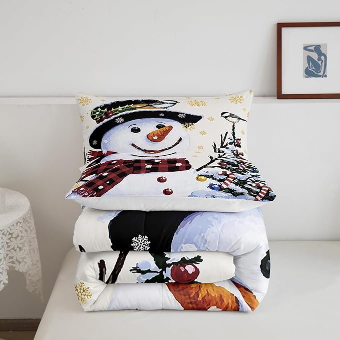 Feelyou Kids Christmas Theme Decorations Bedding Set Xmas Snowman Comforter Set for Boys Girls Snowflake Kawaii Cute Beige Golden Bedroom Collection King Size