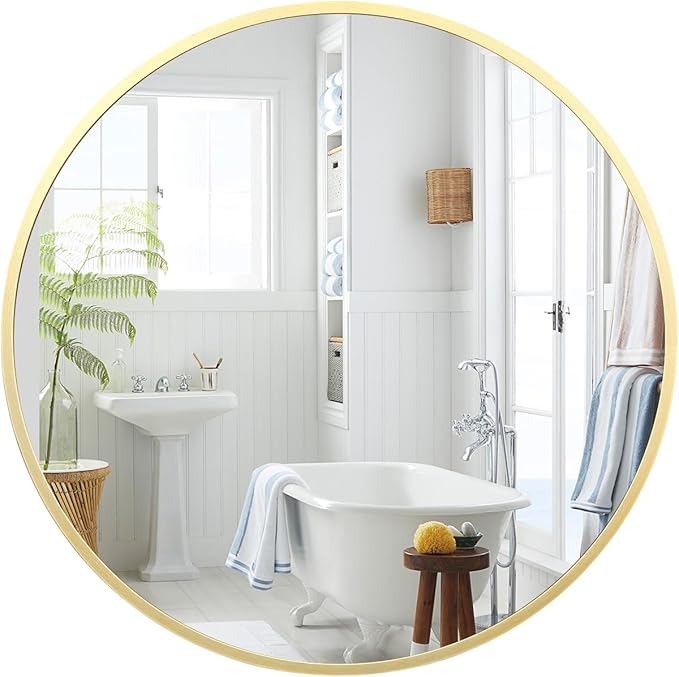 Gold Circle Mirror for Bathroom, 24 inch Circle Mirror, HD Eco-Friendly Round Bathroom Mirror for Over Sink, Matte Gold Metal Framed Wall Mirror for Wall, Vanity, Living Room, Easy to Install