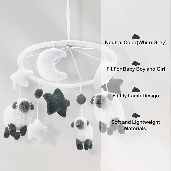 Sheep Baby Crib Mobile Lamb Nursery Mobile Neutral Farm Animal Hanging Decor with Furry Scottish Sheep Clouds Moon Stars Newborn Gifts for Infants Little Boys Girls Bedroom Living Room (Grey)