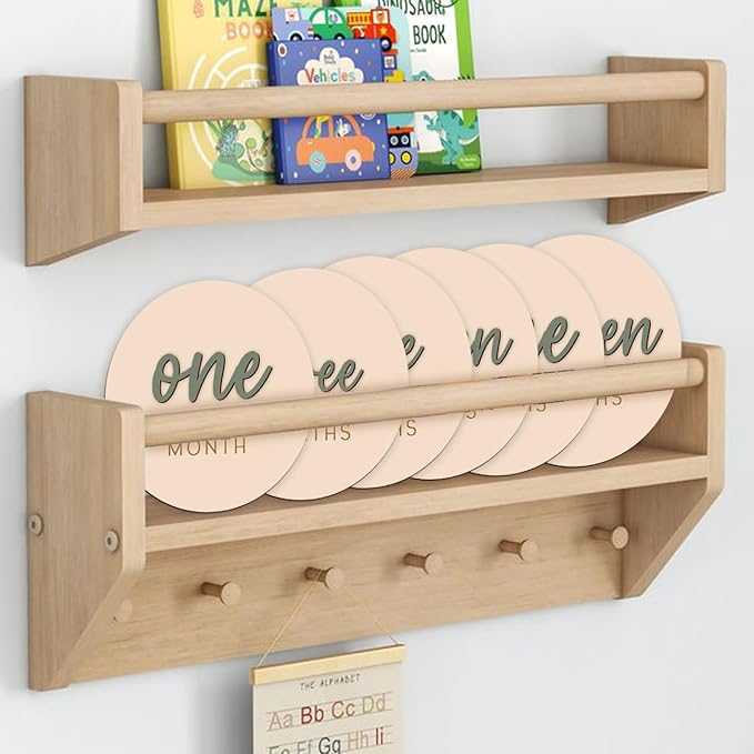 Monthly Baby Milestone Maker Discs, Baby Milestone Signs for Newborn Baby, Hello World Newborn Sign for Baby Girl & Boy, Baby Announcement Sign for 1-12 Month, Milestone Wooden Circles (Sage)