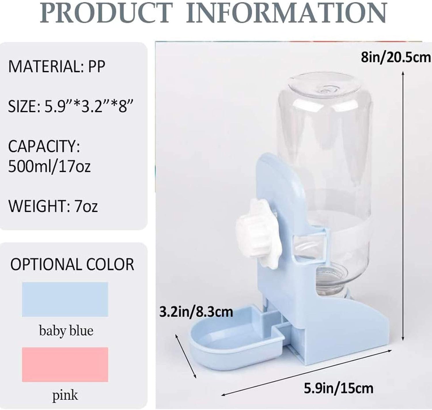 kathson Rabbit Water Bottle, 17oz Hanging Water Fountain Automatic Dispenser No Leak WaterFeeder for Bunny Chinchilla Guinea Pig Hedgehog Ferret