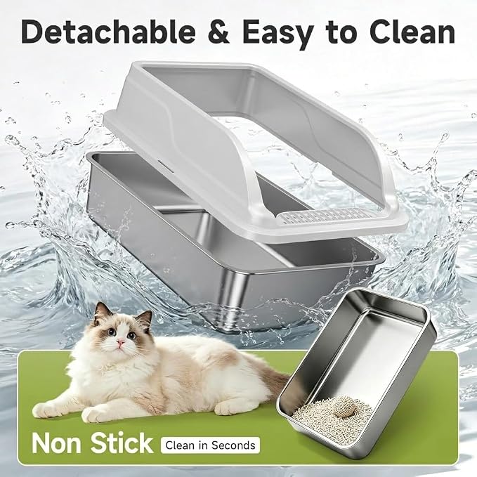 Stainless Steel Litter Box Metal High Sided Extra Large Cat Litterbox, - Image 5