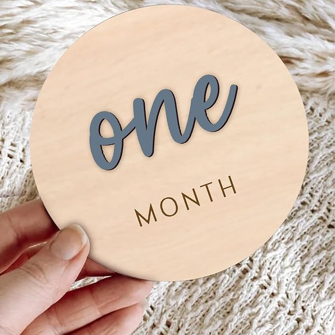 Monthly Baby Milestone and First Holiday Signs, Wooden Baby Months Disc Set 1-12, Hello World Newborn Announcement Props (Blue)