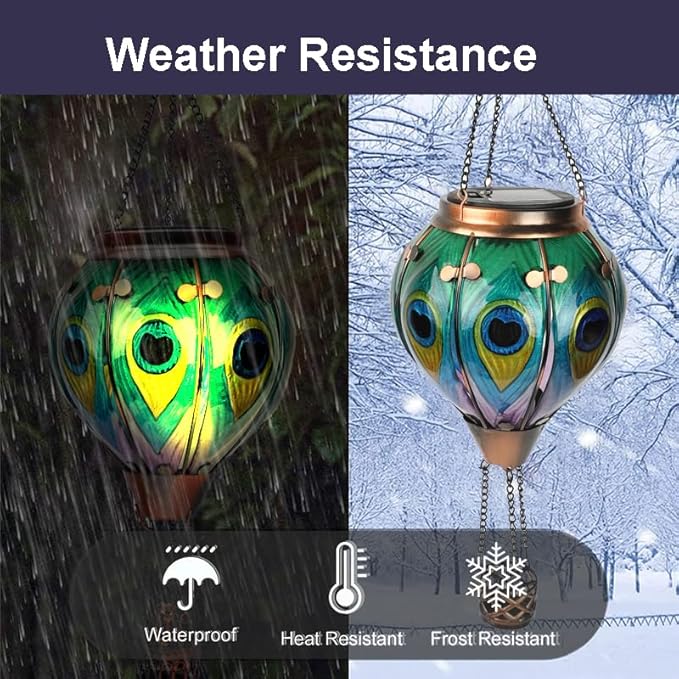 Hot Air Balloon Solar Lantern, Peacock Hanginng Lights, Glass Solar Lantern Waterproof for Outdoor Garden Decor