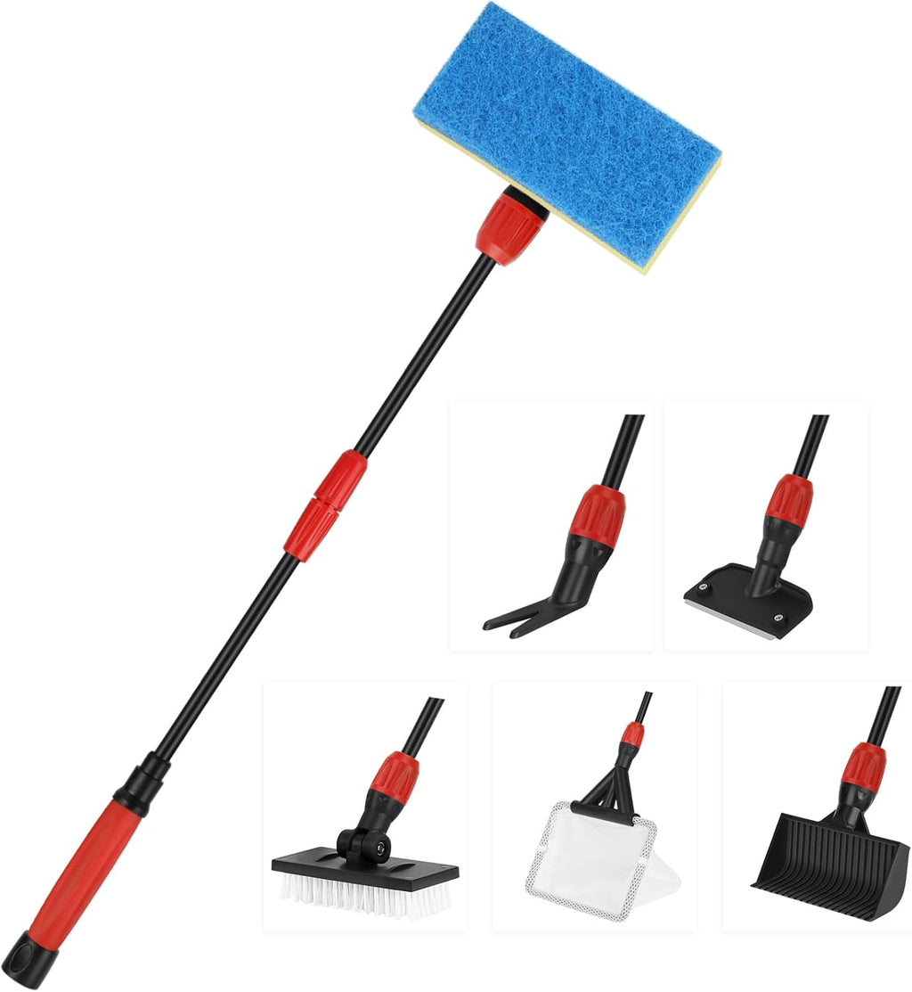 hygger Easy Clean Fish Tank Cleaner, 6 in 1 Aquarium Cleaning Tools Kit with Extendable Handle Algae Scraper Sponge Scrubber Firm Scrub Brush Fish Net Gravel Rake for Acrylic & Glass Tank