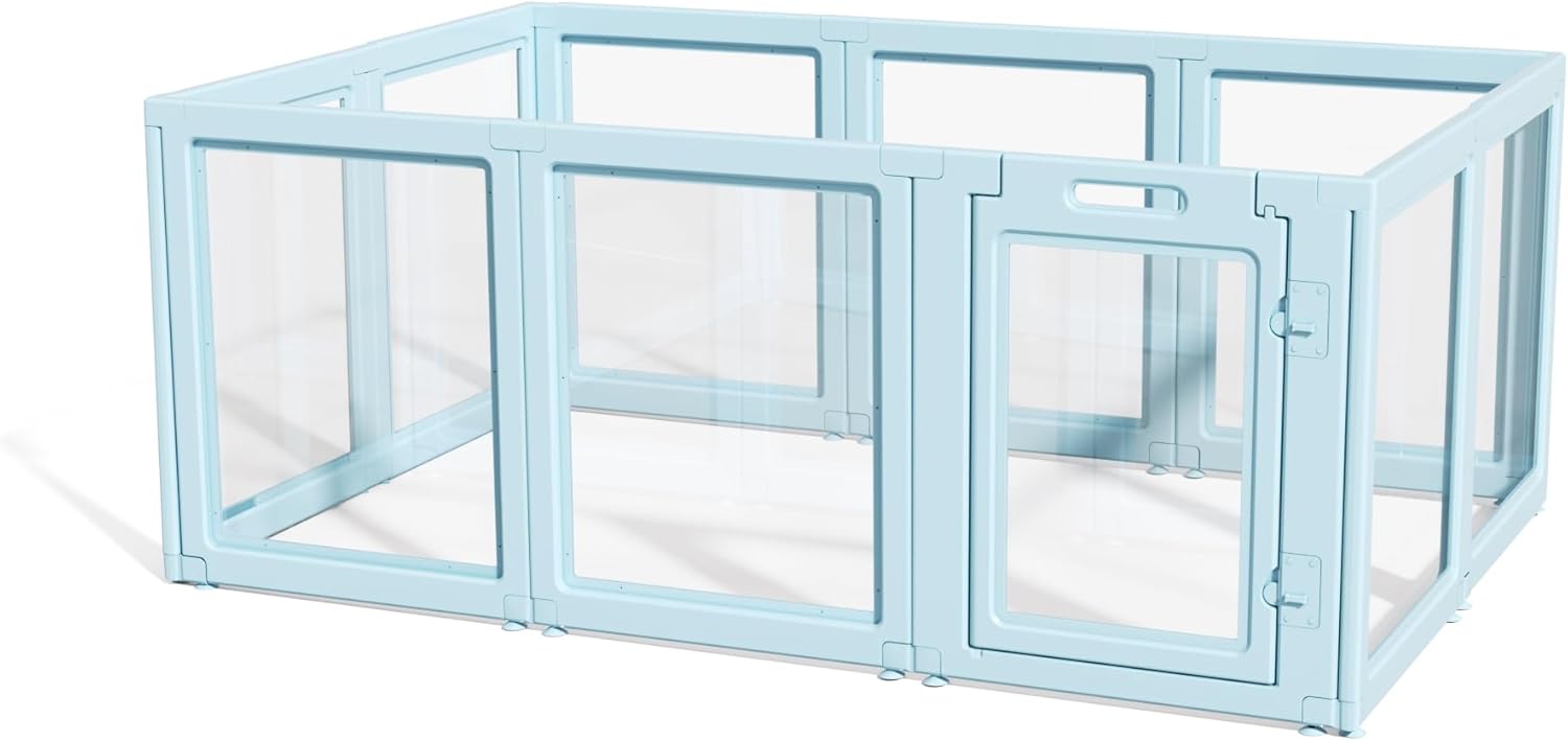 DIY Clear Acrylic Dog Playpen House,Quick Easy Assembly and Disassembly,Strong Floor Suction,Indoor and Outdoor Use,Easy Cleansing Puppy Fence (Sky Blue, 30.3" H, 10PCS)