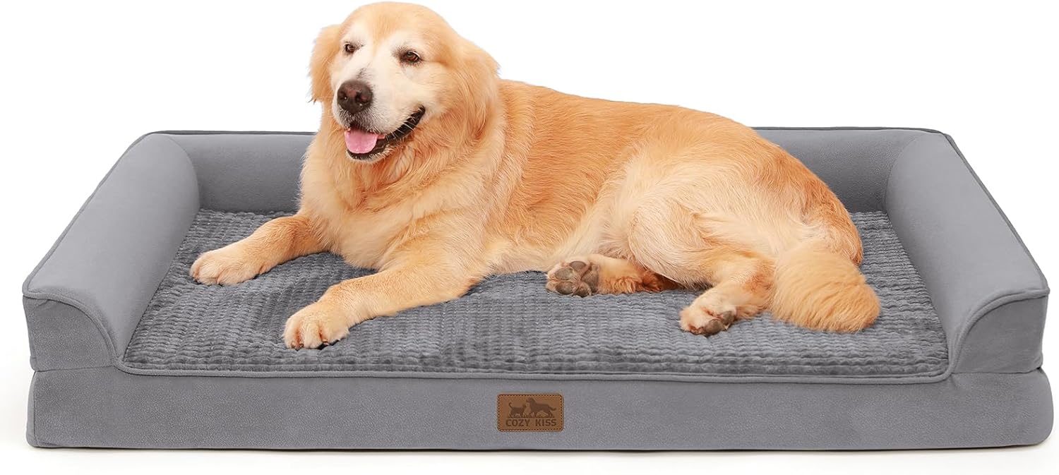 Orthopedic Dog Bed for Extra Large Dog, XL Pet Couch for XLarge Size Dog, Big Supportive Foam Bolster Sofa with Waterproof Lining Cover, Comfort, Washable, 48x32x7.5 in, U Shape, Grey