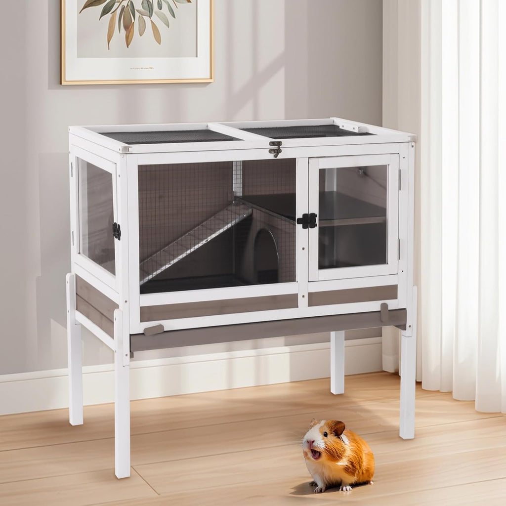 Aivituvin 2-Story Rabbit Hutch with Anti-Chew Ramp & Zinc Sheet - 36.6" Indoor Guinea Pig Cage, Wooden Stand, Pull-Out Tray & Leakproof Floor (Brown)