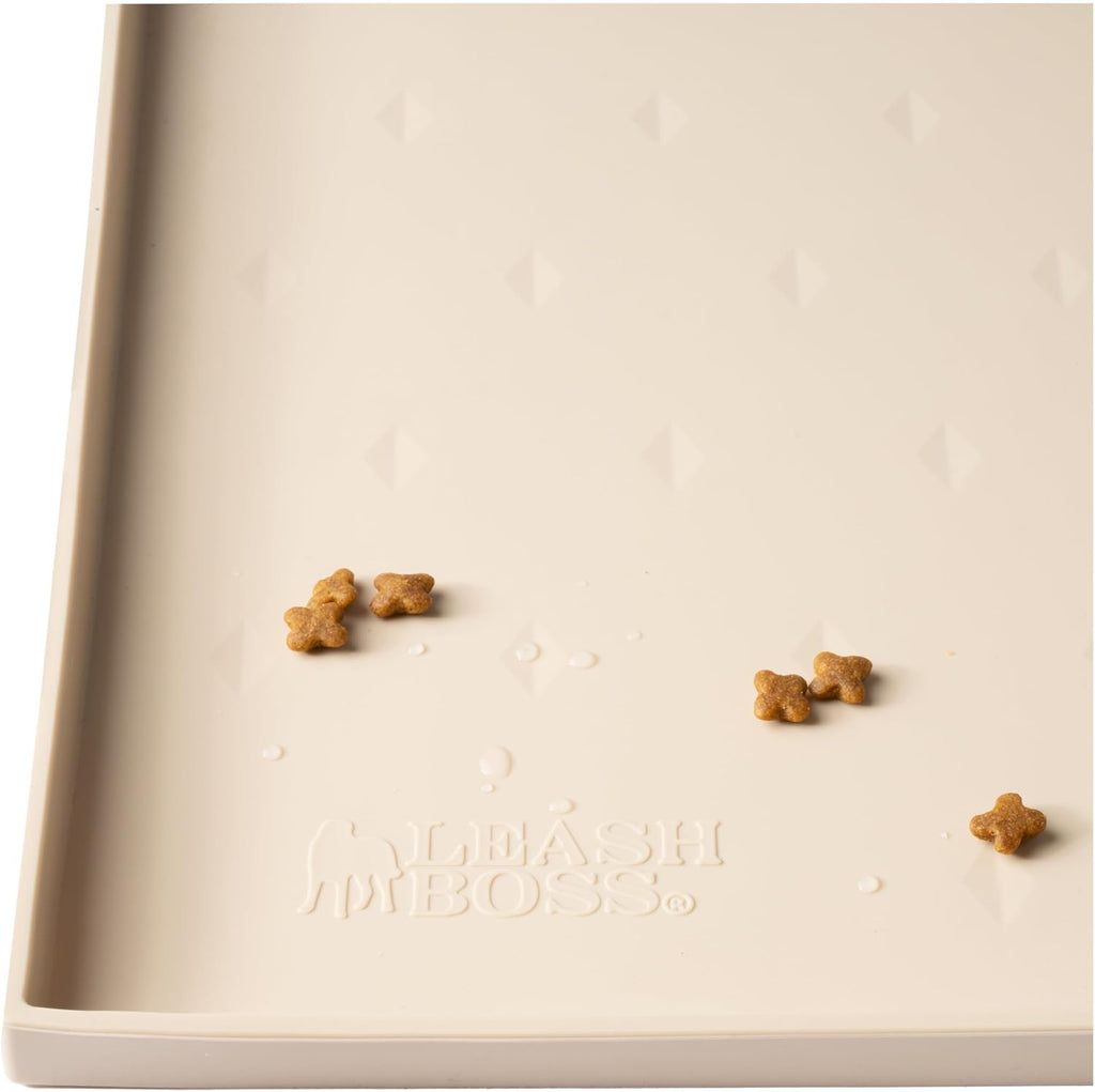 Leash Boss Beige Silicone Dog Feeding Mat & Cat Bowl Placemat - XL 25" x 17" Beige Diamond Pattern - Waterproof Non-Slip Silicone Pad with Raised Edges - Pad for Water Bowls