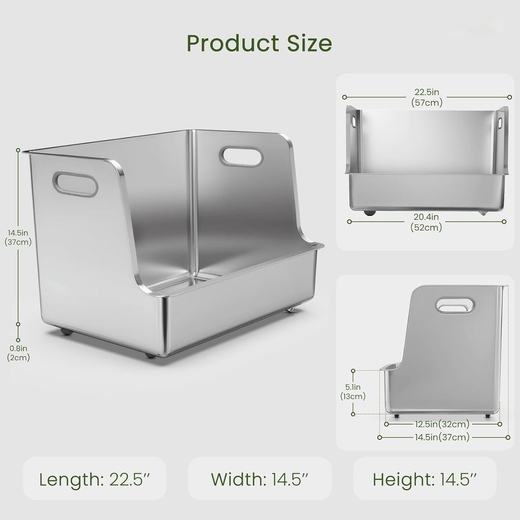 One-Piece Stainless Steel Litter Box, 14.5" High-Side XL Metal Cat Litter Box, Extra Wide Entry Pet Toilet, Cat Litter Station with Wheels, Easy to Move, Non-Stick, No Odor, for Big or Multiple Cats