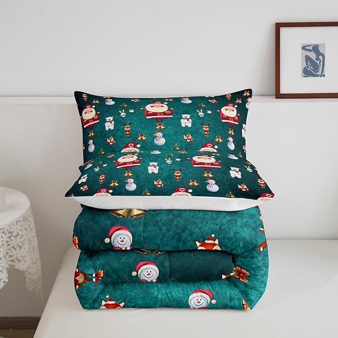 Christmas Comforter Set Cute Snowman Santa Claus Kids Decorations Bedding Set Boys Girls Bear Rabbit Comforter Christmas Bells Design Teal Blue Quilt with 1 Pillowcase 3Pcs Bedding King