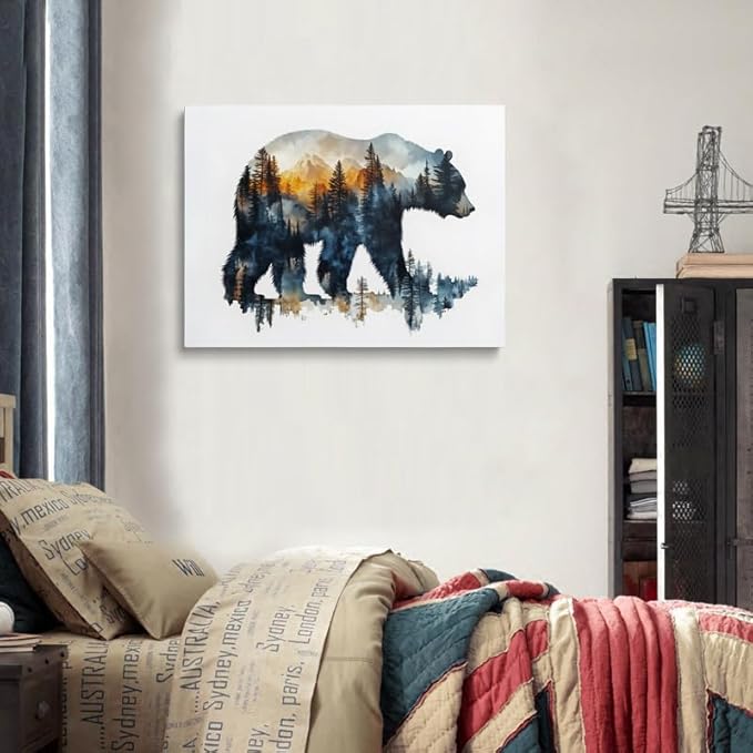 Woodland Bear Silhouette Canvas Wall Art - Framed Nature Painting Print, Mountain Forest Wildlife Wall Decor Artwork and Posters for Cabin, Living Room, Bedroom, Office (16x24 Inches)