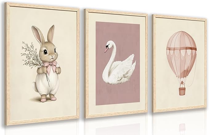 kilamino Pink Baby Girl Nursery Wall Art, Neutral Cute Rabbit and Swan Wall Decor, Vintage Hot Air Balloon Poster Prints, Pastel Bunny Animals Canvas Paintings for Baby Room Wood Framed 12"x16"x3
