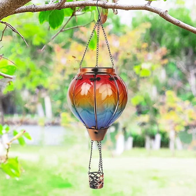 Hot Air Balloon Solar Lantern with Flickering Flame, Glass Hanging Garden Lights Outdoor Waterproof for Tree Yard Patio Mother's Day Gift, 18" H