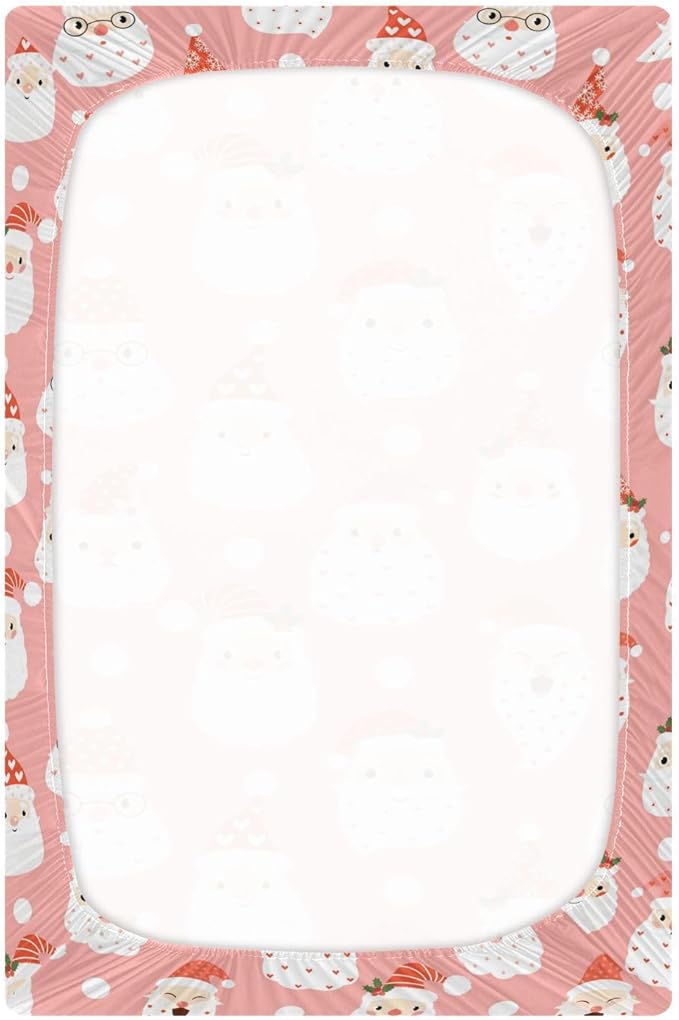 Santa Pink Christmas Crib Sheets Soft Breathable Fitted Baby Playard Sheets Mattress Cover for Girl Boys, 39" x 27" x 5"