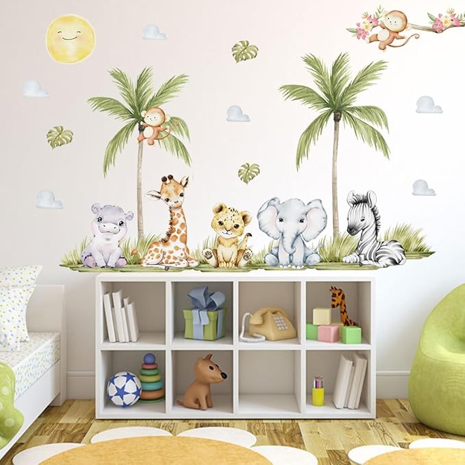 56.29 x 44.88 Inch Watercolor Animal Wall Decals Jungle Animal Stickers Tiger Elephant Zebra Giraffe Monkey Hippo Wall Stickers for Baby Nursery Bedroom Classroom Kindergarten Wall Decor