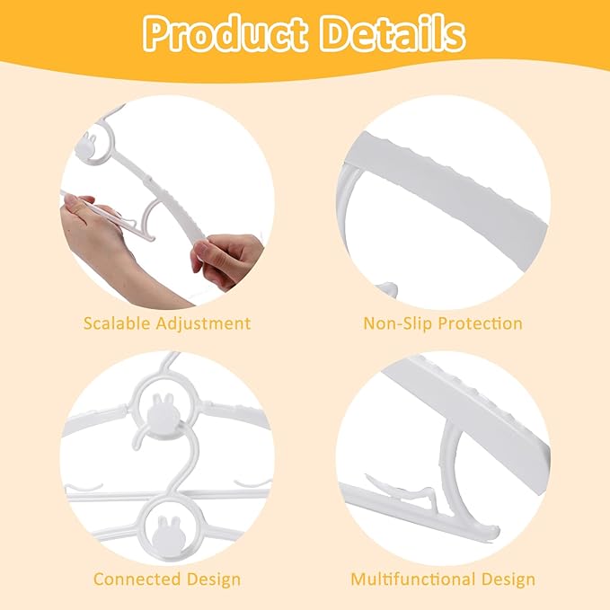 30 Pack Baby Hangers, 11"-14" Adjustable Infant Hangers, Non-Slip Kids Hanger, Space Saving Plastic Hanger for Girl Boy Toddler Kids Child (White)
