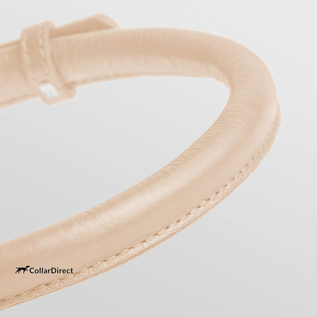 CollarDirect Rolled Leather Dog Collar, Soft Padded Round Puppy Collar, Handmade Genuine Leather Collar Dog Small Large Cat Collars 13 Colors (13-16 Inch, Beige Textured)
