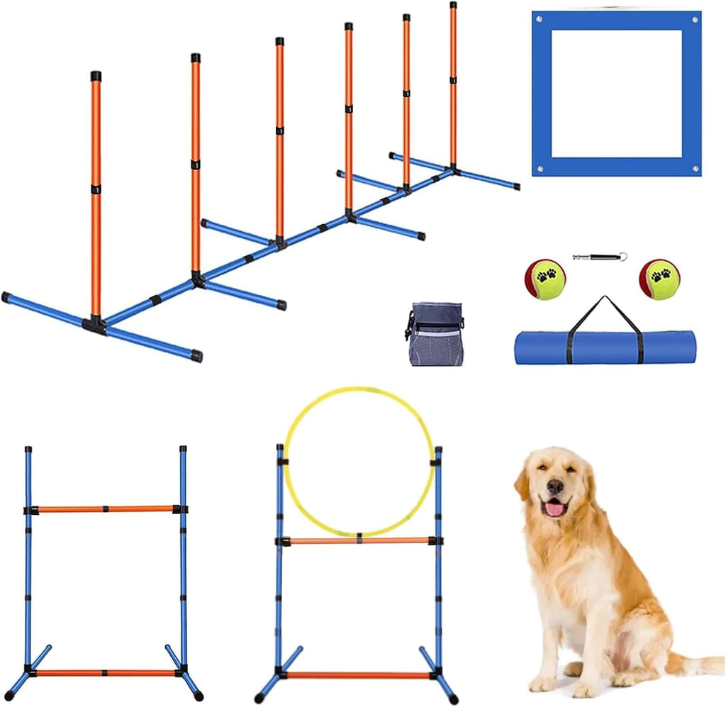PLKO Dog Agility Equipment Set, Training Starter Kit Dog Obstacle Course,8 Weave Poles, Adjustable Hurdle, Jump Ring, Pause Box and Carrying Bag(Style C)