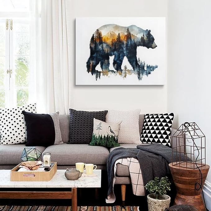 Woodland Bear Silhouette Canvas Wall Art - Framed Nature Painting Print, Mountain Forest Wildlife Wall Decor Artwork and Posters for Cabin, Living Room, Bedroom, Office (16x24 Inches)