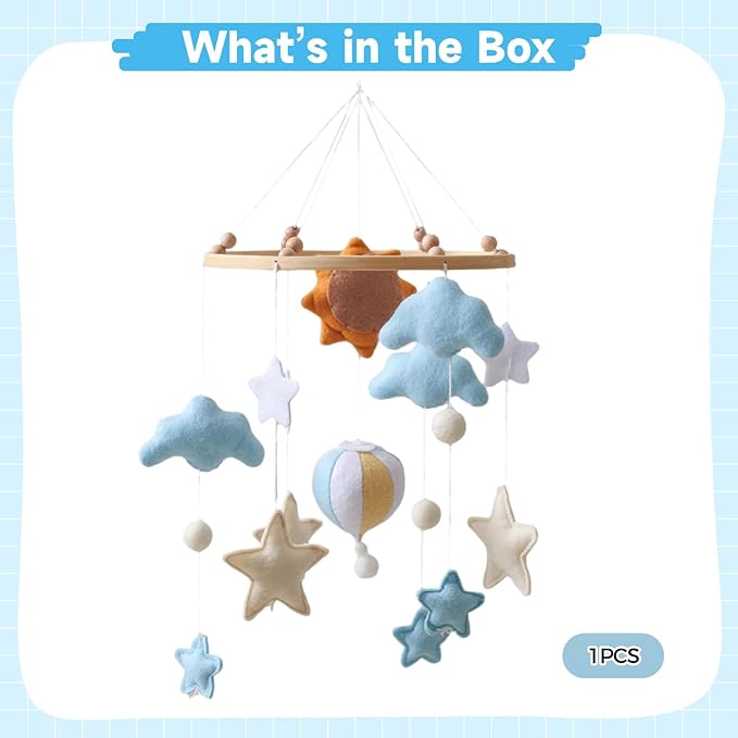 Handmade Sun Hot Air Balloon Crib Mobile with Felt Cloud, Star, and Balloon Toys, Safe and Soft for Baby Nursery, Ideal for Little Ones,
