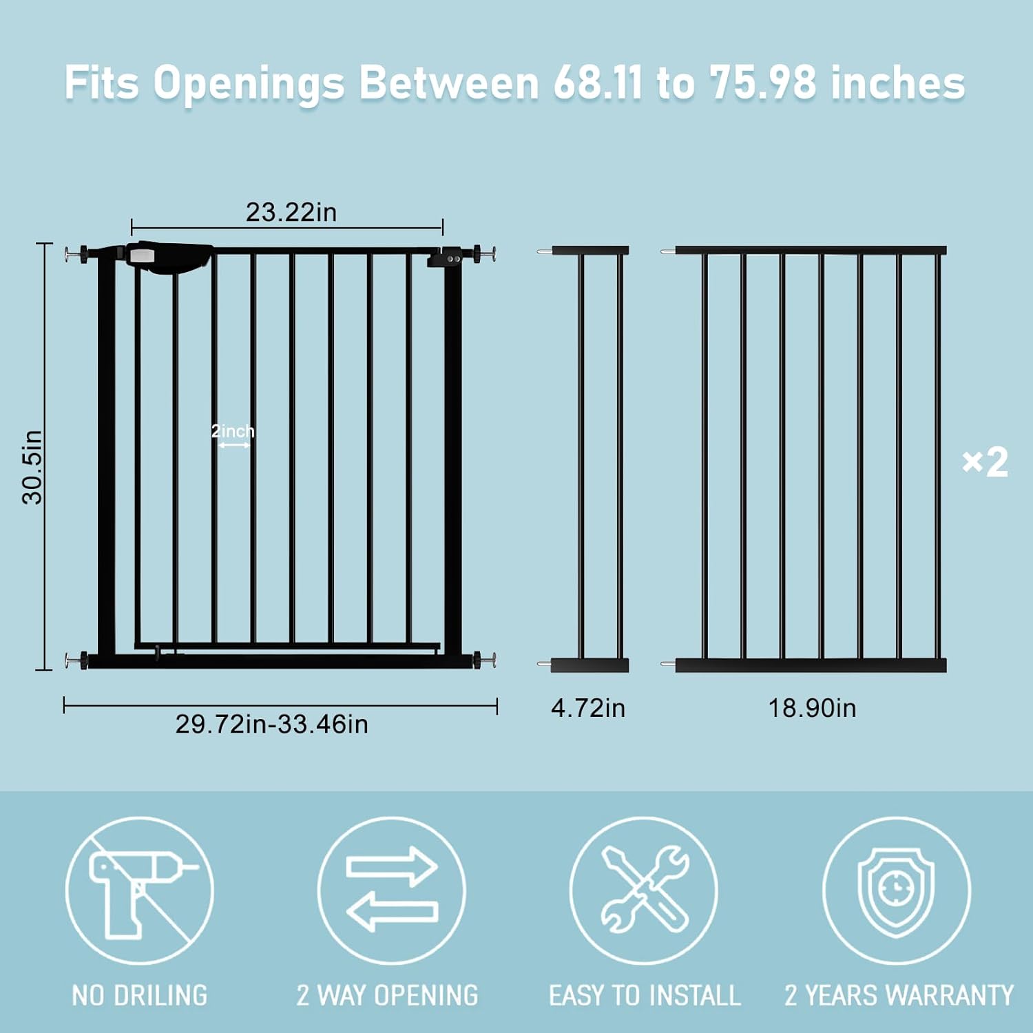 WAOWAO Triple Lock 68.11-75.98" Baby Gate Extra Wide Pressure Mounted Walk Through Swing Auto Close Safety Black Metal Dog Pet Puppy for Stairs,Doorways,Kitchen