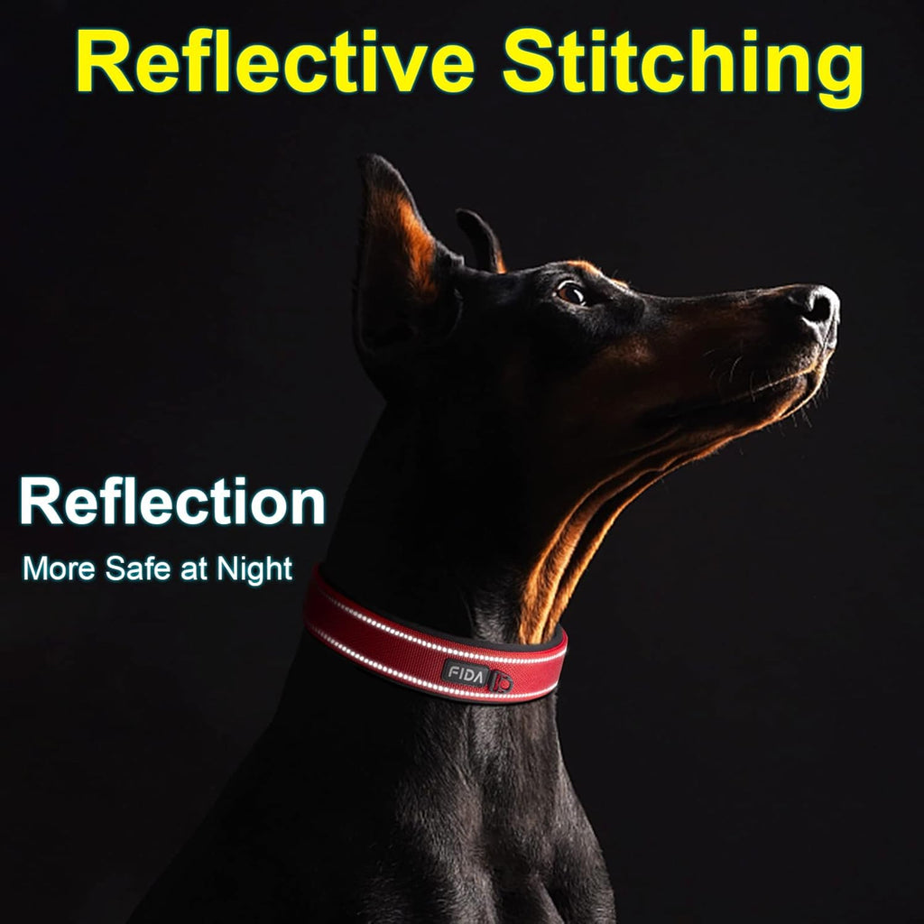 Fida Heavy Duty Dog Collar 1.5” Width, Ultra Soft Neoprene Padded, Adjustable Reflective Nylon Pet Collar with Two Metal Pin Belt Buckle for Large/X-Large Breeds (XL, Red)