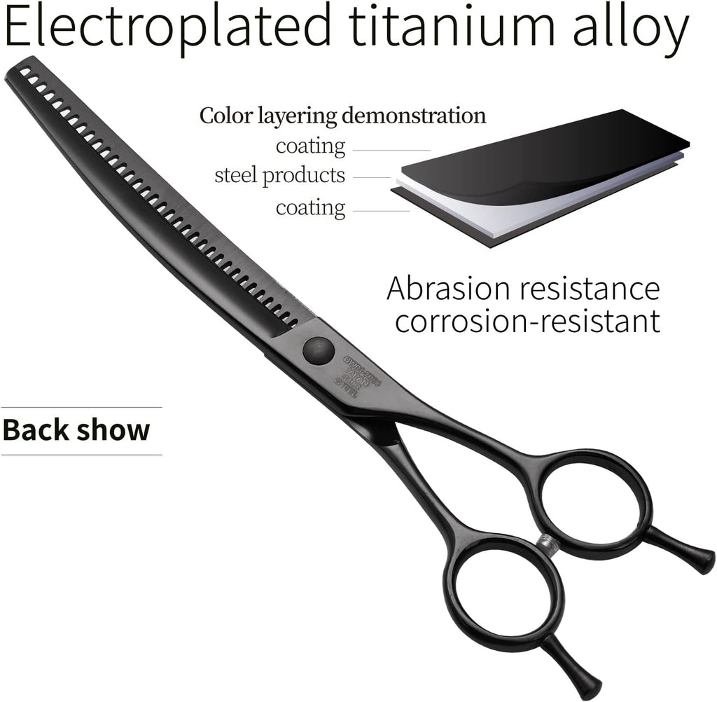 Fenice Peak Professional Dog Grooming Scissors Pet Curved Chunker Shears 7.0'' Extremely Sharp Blades 440C Steel Thinning Scissors Durable Smooth Motion & Fine Cut for Dogs and Cats(Black)