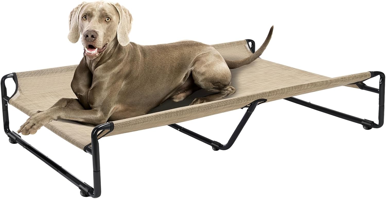 Veehoo Original Outdoor Elevated Dog Bed, Cooling Raised Dog Cot for Large Dogs, Portable Standing Pet Hammock Platform with Washable Breathable Mesh, No-Slip Feet, XX-Large, Beige Coffee, CWC2201