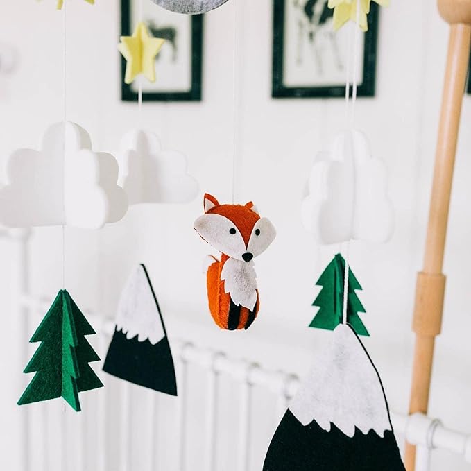 Sorrel + Fern Baby Crib Mobile (Woodland Fox) - Nursery Decoration - Ceiling Mobile and Crib Mobile - Hypoallergenic Eco-Felt, Unfinished Wood, Adjustable, Green, Grey, Yellow, Red/Brown