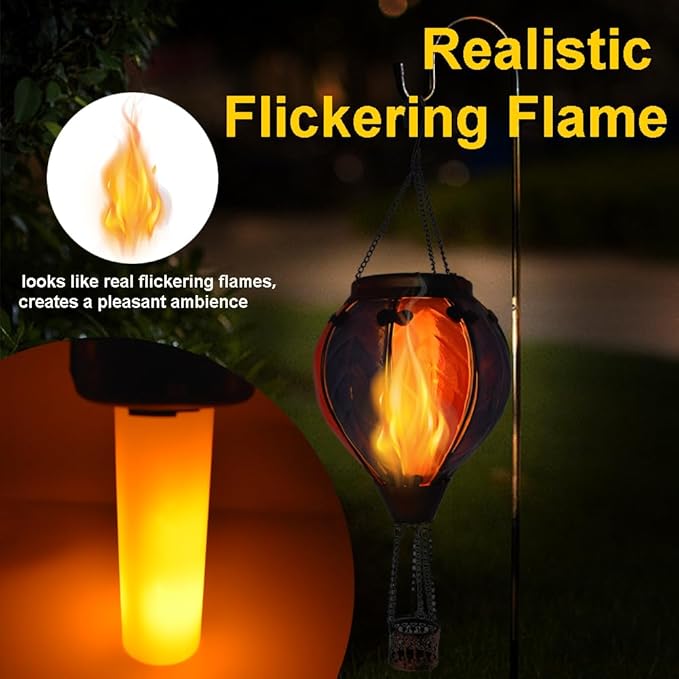 Hot Air Balloon Solar Lantern with Flickering Flame, Glass Hanging Garden Lights Outdoor Waterproof for Tree Yard Patio Mother's Day Gift, 18" H Colorful-A