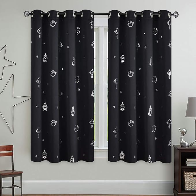 Vangao Black Kids Curtains for Boys Bedroom Space Theme Blackout Curtains for Kids Nursery Girls Room 63 Inches Length Silver Foil Print Drapes Grommet Top Window Treatments Set 2 Panels