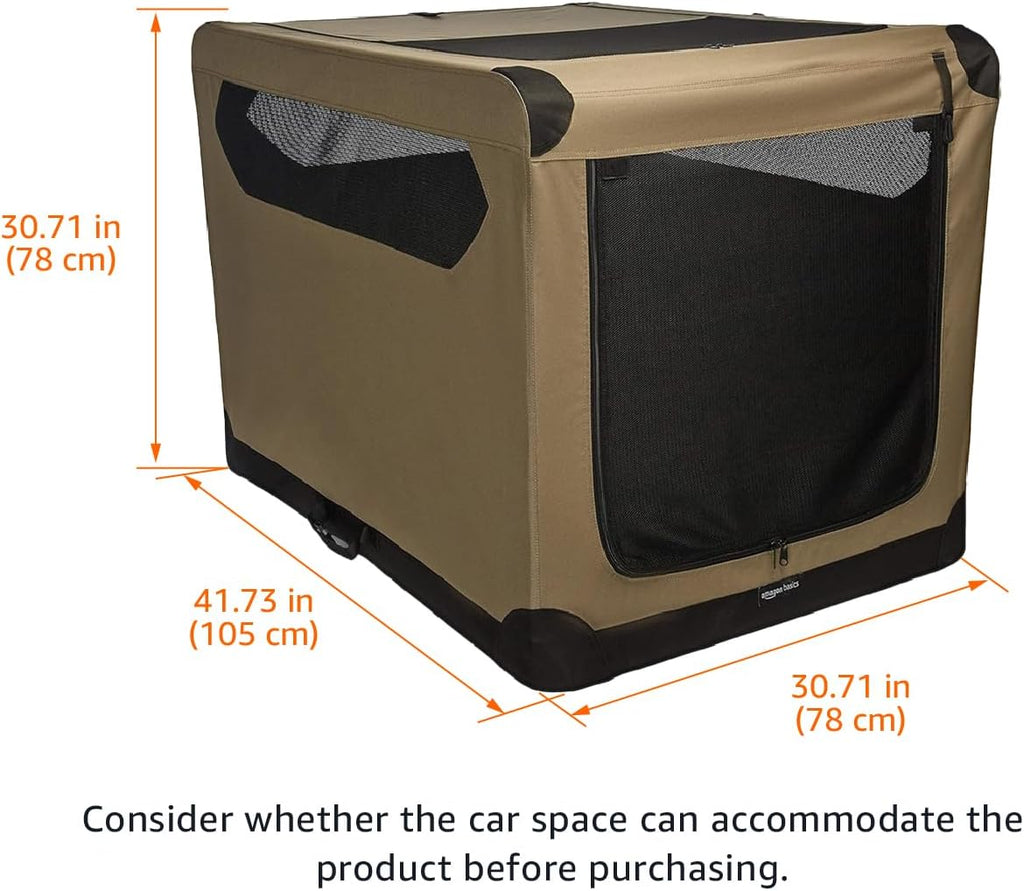 Amazon Basics Dog Crate, Travel Dog Kennel Double Door Collapsible, Lightweight Soft-Sided Folding, Portable Dog Cage, XL 42" x 31" x 31", Tan