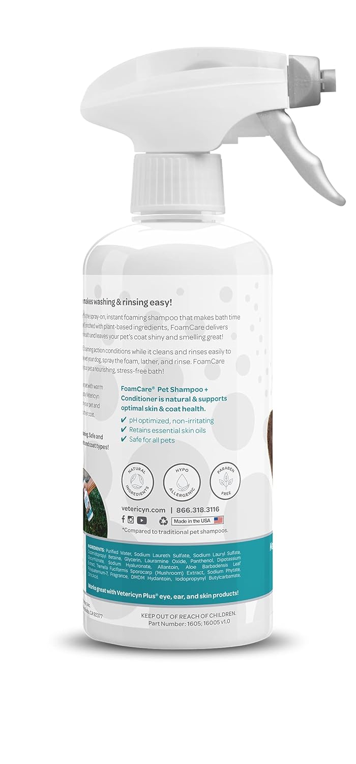 Vetericyn FoamCare Dog Shampoo and Conditioner - Instant Foaming, Spray-On Hypoallergenic Shampoo, Plant-Based Formula for Dogs and Cats. 16 Ounce