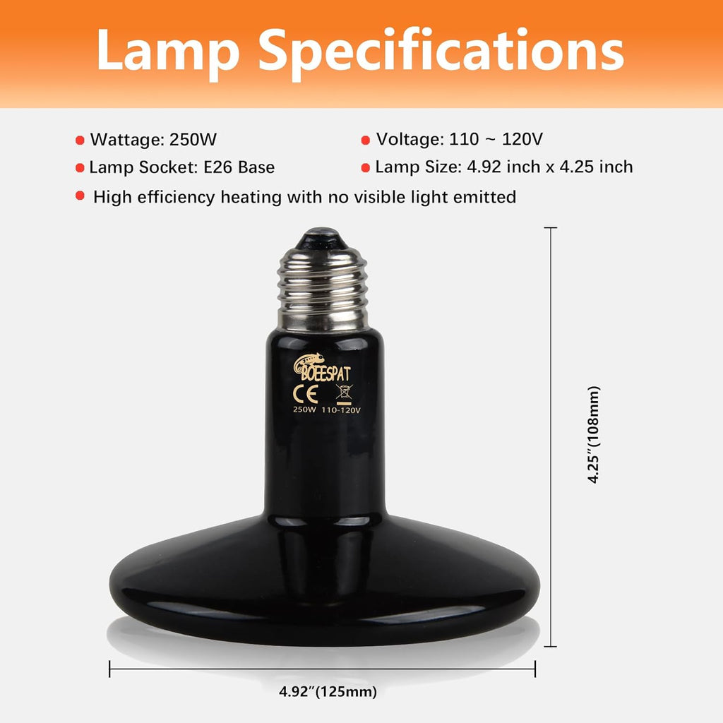 High Power 250 Watts Ceramic Heat Emitter for Reptiles, Tortoise, Snakes, Lizards, Bearded Dragon, Geckos, Amphibians and Chick & Quail Brooder