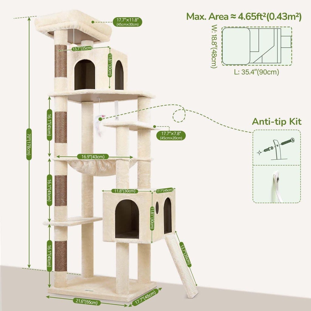 Globlazer Heavy Duty Cat Tree Tower, 70inch Sturdy Cat Tree for Indoor Cats Sturdy Large Cat Tower with Scratching Post and Scratching Board, Hammock, Cat Condo for Adult Cats Kittens, F70 Pro, Beige