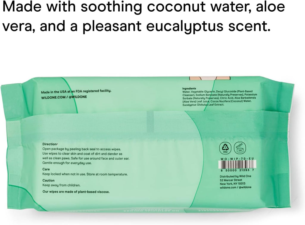 Wild One, Eucalyptus Natural Dog Grooming Wipes, Cruelty-free, resealable lid, 70 wipes per pouch, 210 Count